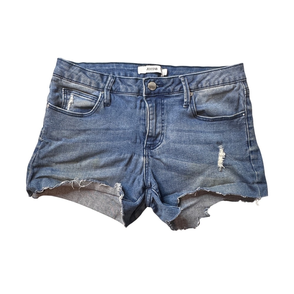 JustFab Jean Shorts Womens 27 Blue Cut Off Distressed Denim Raw Hem Mid Rise